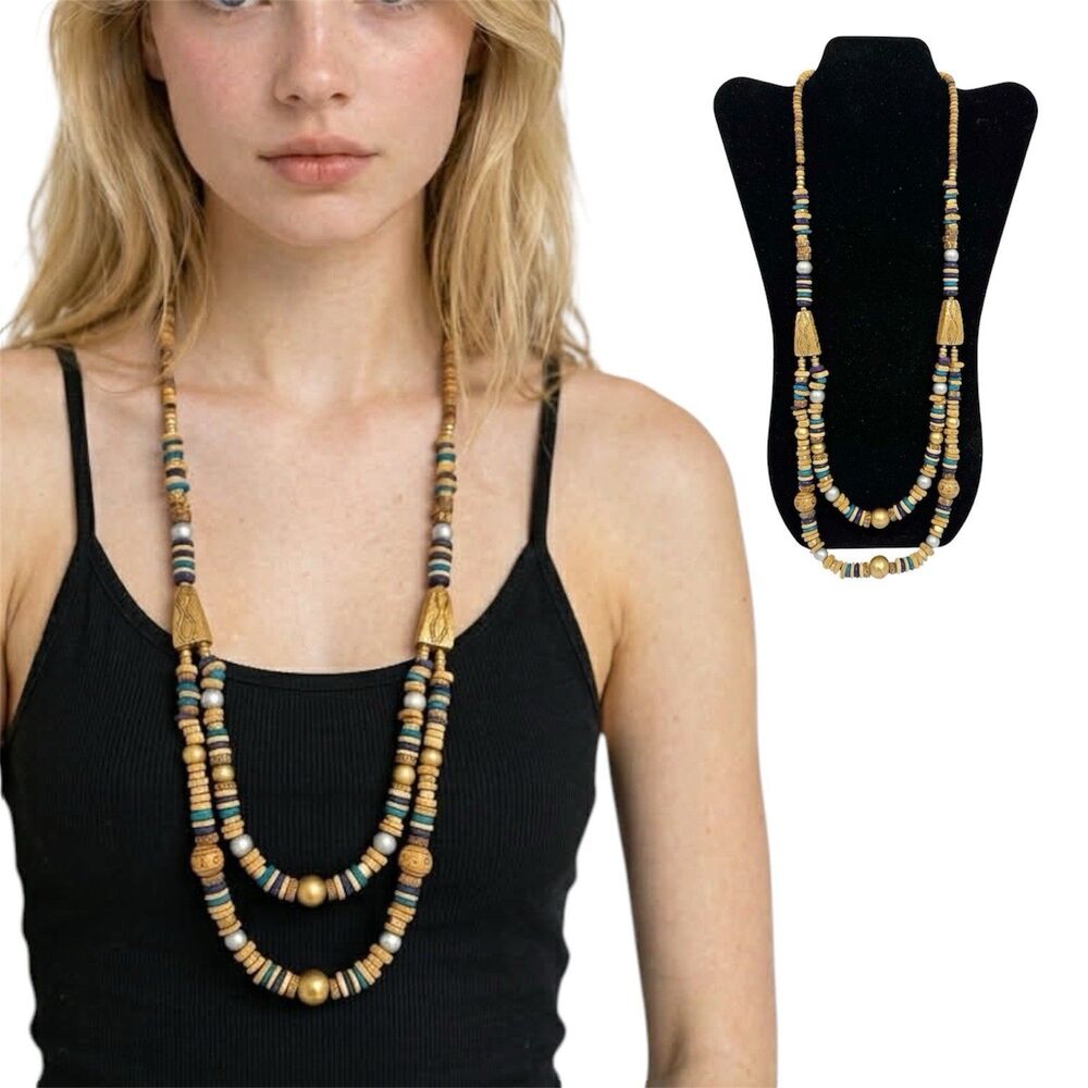 Vintage Casual Corner Double Strand Beaded Necklace Boho Wood Gold Tone Signed